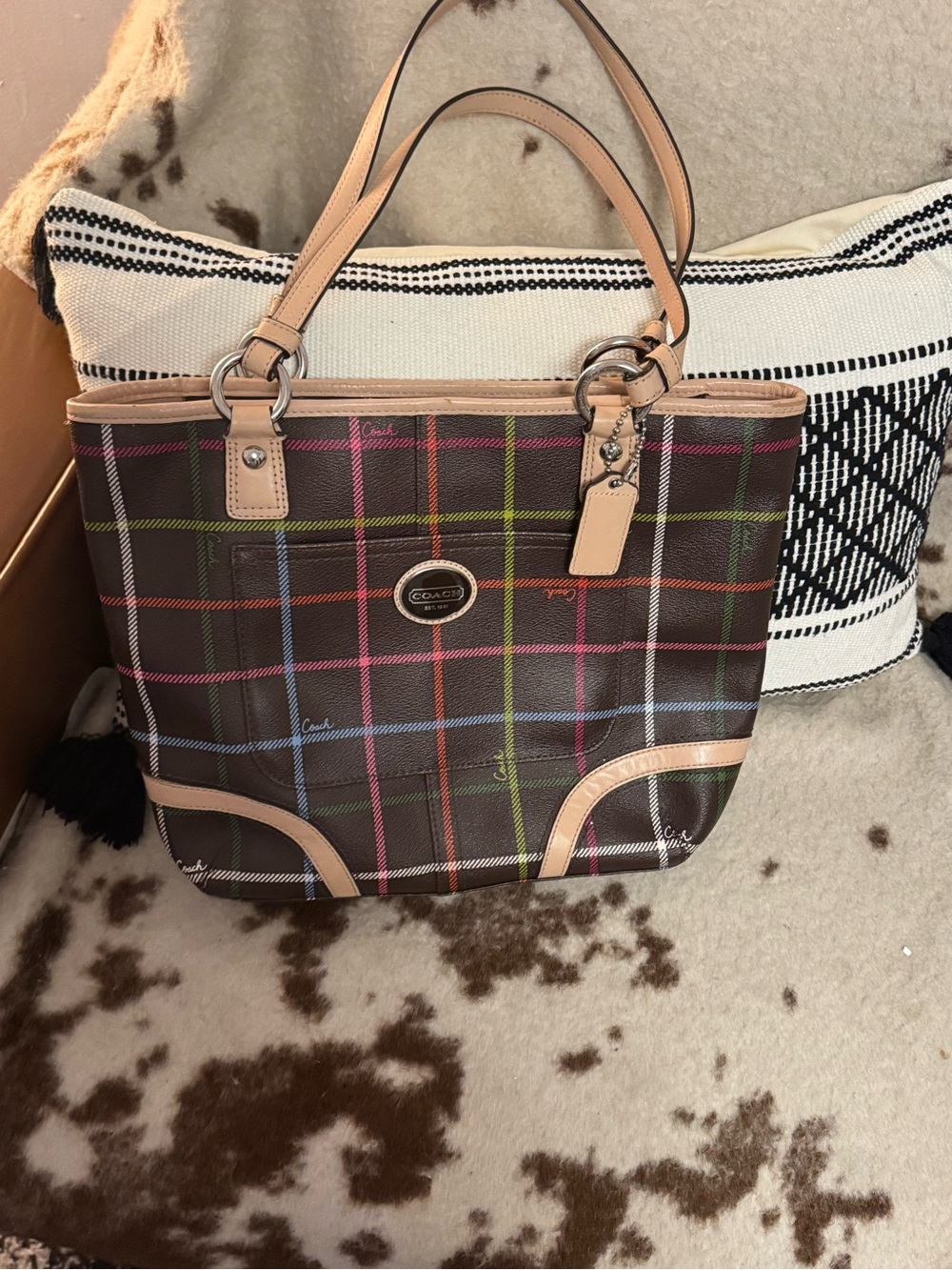 Coach Brown Plaid Tote with Multicolor Stripe Accents and Tan Leather Trim